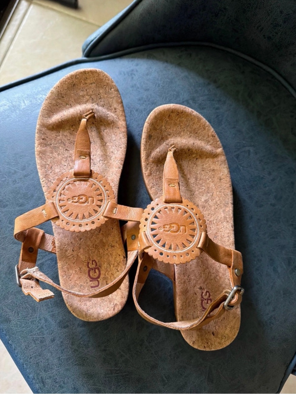 UGG Women's Tan Leather Cork Sandals with Medallion